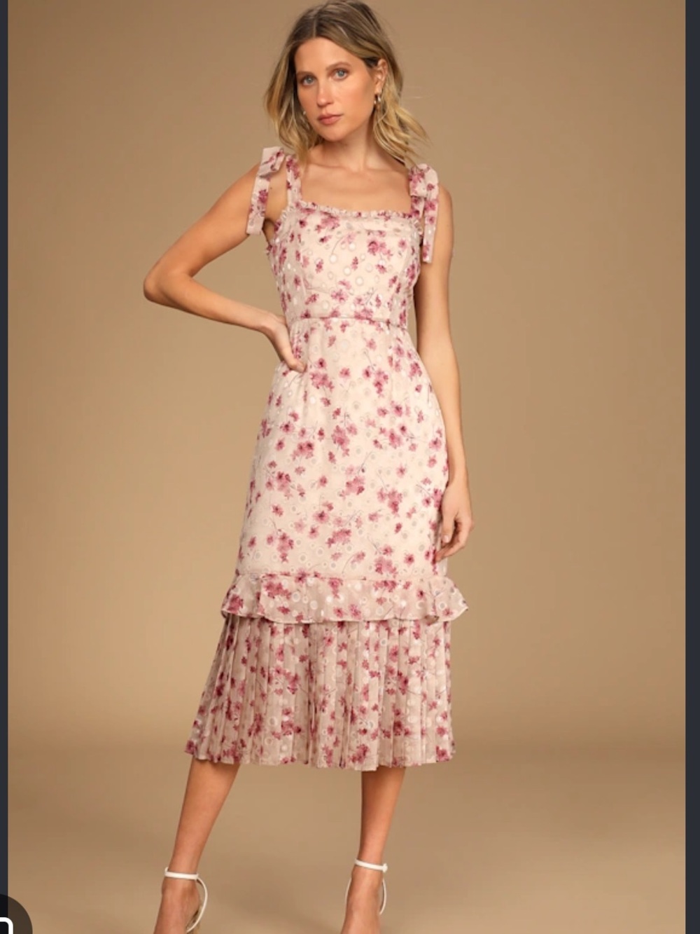Lulus Womens M Terrace Views Floral Midi Dress Eyelet Ruffle Tiered Cottagecore